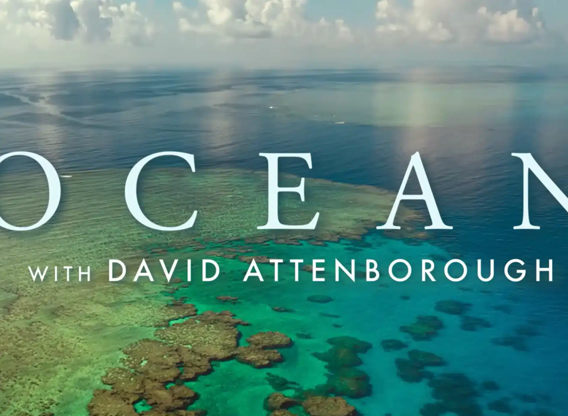 Aerial view of vibrant coral reefs and turquoise waters with the title 