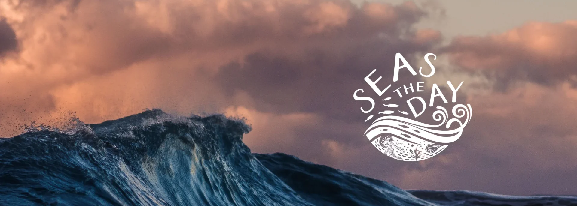 A dynamic ocean wave rises against a backdrop of soft, pinkish-orange clouds at sunset, with the phrase “Seas the Day” in decorative white lettering overlaying the sky.