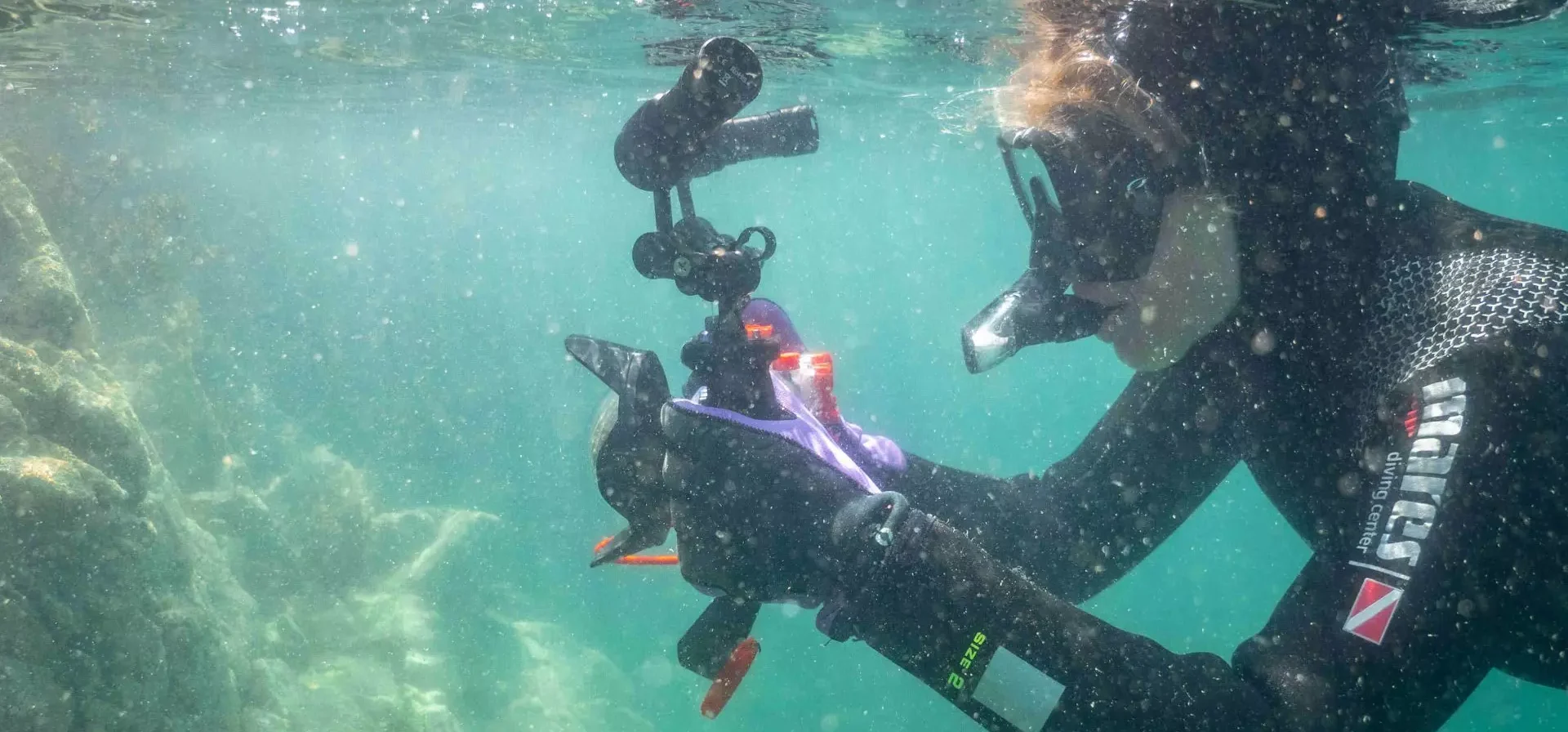 A diver in a wetsuit uses an underwater camera, capturing marine life near a rocky seafloor illuminated by sunlight.