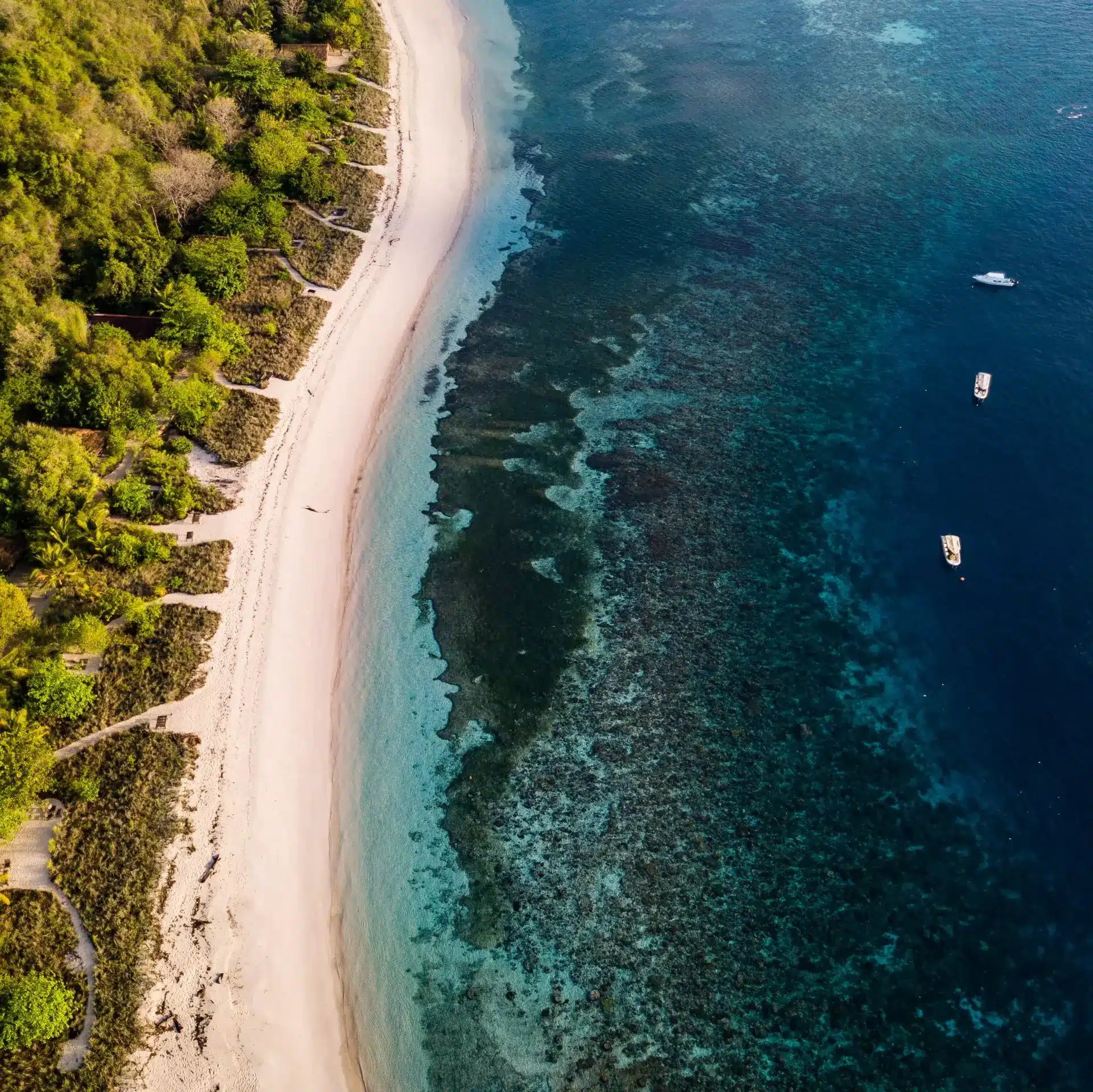 Aerial view of a sandy beach bordered by lush greenery and clear turquoise waters, with small boats anchored offshore.
